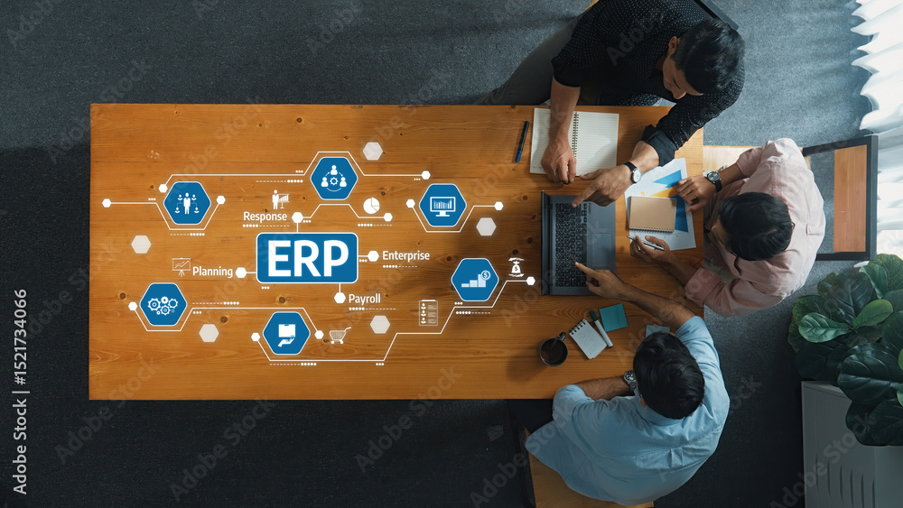 Poster aerial view of a business meeting focused on erp systems. team members discuss strategies and tools 