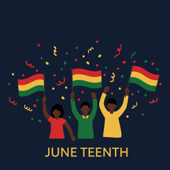 Juneteenth celebration with three people holding Bolivian flags. Juneteenth design shows happy diverse group waving flags. Perfect Juneteenth graphic for social media post, greeting card, or banner.