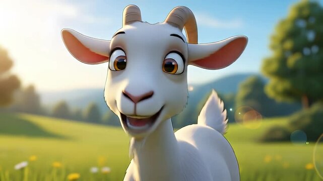 Closeup cartoon goat with expressive face under warm sunlight in scenic meadow