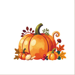 Watercolor Fall Harvest Pumpkins Image- Autumn Leaves & Berries Still Life- Thanksgiving & Halloween Illustration- Seasonal Decor & Design