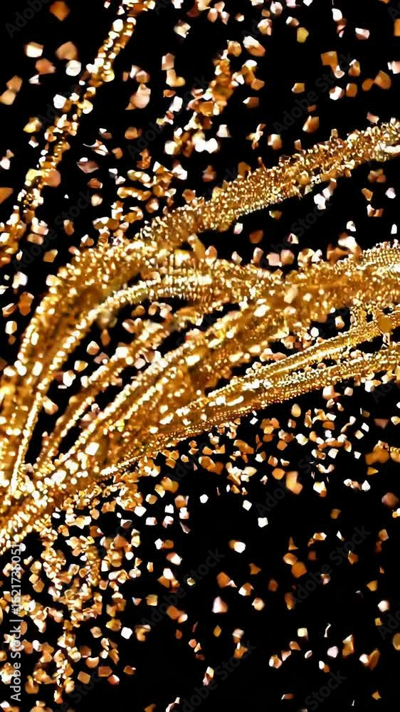 Poster sparkling golden glitter and strands burst dynamically over black background