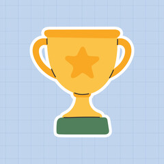 Gold trophy cup sticker with star icon and green base — flat vector illustration of a winner’s award symbol, perfect for achievement badges, school rewards, sports recognition, educational games.