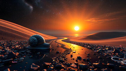Surreal landscape depicting a snail traversing a path towards the sunset at dusk