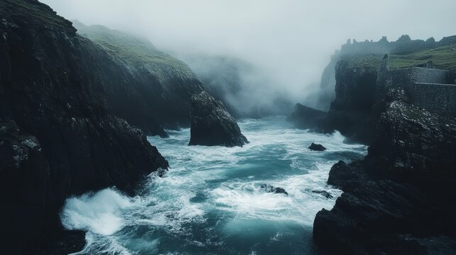 The atmosphere is both dramatic and powerful, with the mist swirling around the castle and the sea crashing violently against the rocks