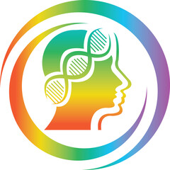 Colorful design of a human head profile with DNA strands as hair, in vibrant green to purple gradient, surrounded by dynamic circular shapes, symbolizing innovation in genetics and health.
