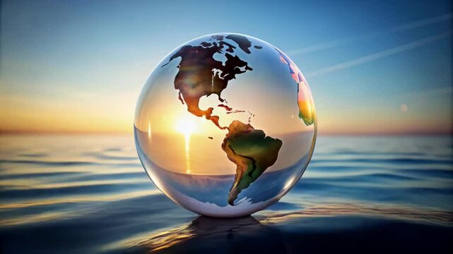 Colorful Globe Reflecting Sunset Over Calm Ocean Waters With Vibrant Colors and Serene Atmosphere