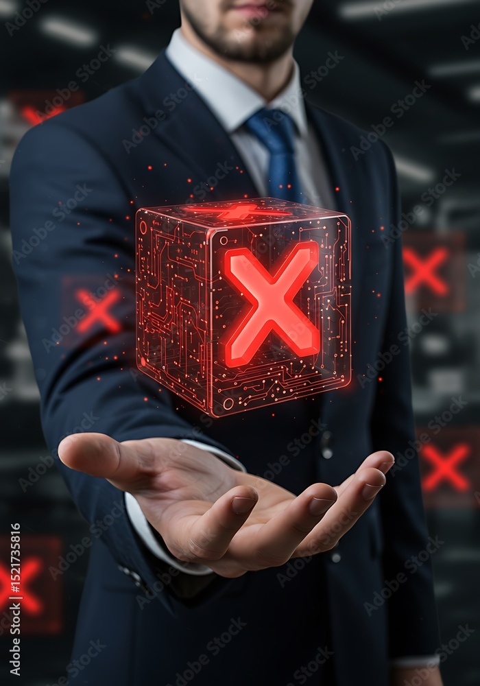 Poster business professional presenting a technological error symbol with red x icon and circuitry