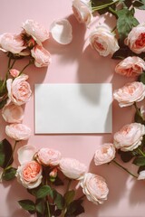 Pink Roses Frame a Blank Card on a Soft Pink Background for Heartfelt Messages
