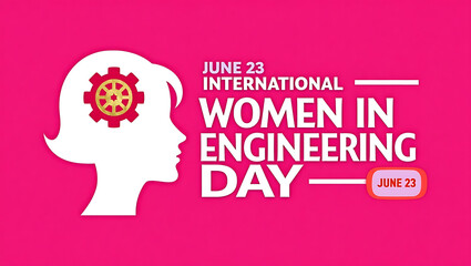 Bold graphic design celebrating international women in engineering day on june 23 with a silhouette and gear, promoting diversity and innovation