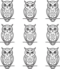 Simple and elegant illustration of nine black and white owls perched on branches in a grid arrangement