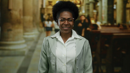 Fototapeta premium Woman smiling in a church interior setting, showcasing peace, culture, faith, and diversity through a blend of modern and traditional elements in an inviting atmosphere.