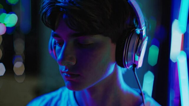 A teenage boy wearing headphones stands still with eyes closed, bathed in vibrant neon lighting, lost in deep focus or immersed in sound and thought