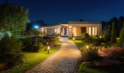 Obraz premium Elegant Nighttime Home Exterior with Garden Pathway