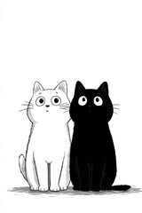 Simple black and white cat illustration showing two felines sitting together in minimalist line art style