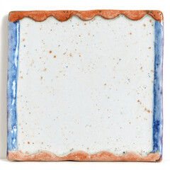 Handmade ceramic tile frame with decorative painted border in blue and white watercolor style. Artisan pottery square with ornate edge design creates rustic Mediterranean inspired accent piece