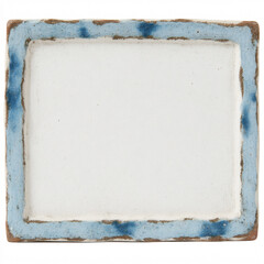 Handmade ceramic tile frame with decorative painted border in blue and white watercolor style. Artisan pottery square with ornate edge design creates rustic Mediterranean inspired accent piece
