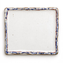 Handmade ceramic tile frame with decorative painted border in blue and white watercolor style. Artisan pottery square with ornate edge design creates rustic Mediterranean inspired accent piece