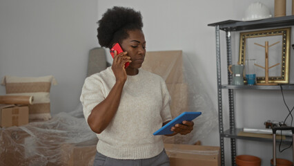 Woman using phone and tablet in new house surrounded by moving boxes and decor in living room.