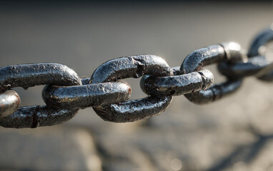 Heavy metal chain links with weathered surface showing rust and wear in close-up detail photography
