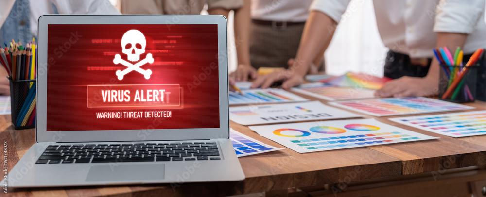 Poster Virus warning alert on computer screen detected brisk cyber threat , hacker, computer virus and malware