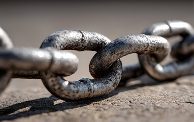 Heavy metal chain links with weathered surface showing rust and wear in close-up detail photography