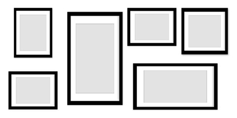 Wall Gallery: A visually appealing arrangement of seven sleek picture frames, perfect for showcasing cherished memories and artwork. The modern design adds an elegant touch.