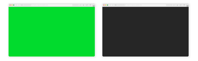 Web Browser Windows with Green and Black Screens: Two web browser windows showcasing a vibrant green and a deep black screen, embodying concepts of contrasting digital interfaces.