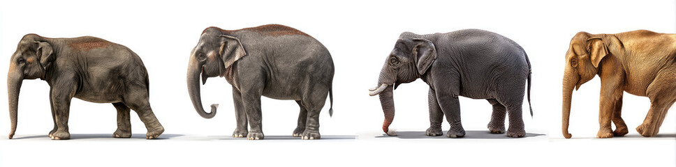 Obraz premium Four Majestic Elephants Standing in a Row Isolated on White