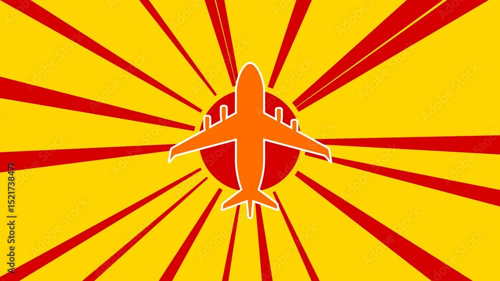 Poster airplane symbol on the background of animation from moving rays of the sun. large orange symbol incr