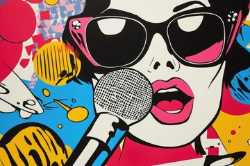 Colorful Pop Art Woman Singing with Microphone and Sunglasses
