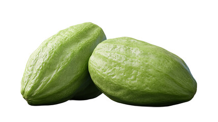 Two ripe green sapodilla fruits stacked on transparent background