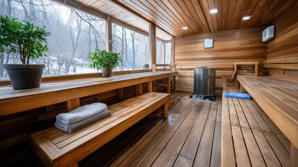 Fototapeta premium Experience the warmth of a traditional Russian bathhouse, featuring wooden benches and panoramic snowy views through the large windows