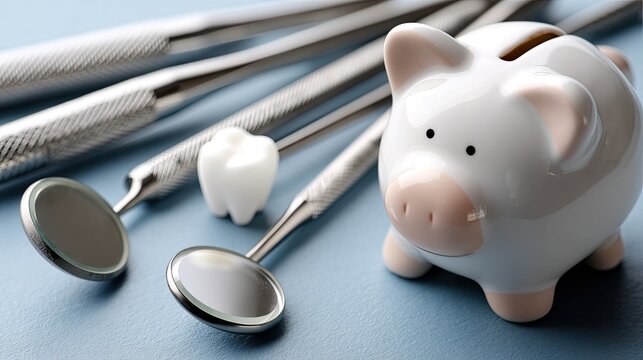 Dental tools surround a smiling piggy bank on blue, emphasizing the importance of saving for dental care