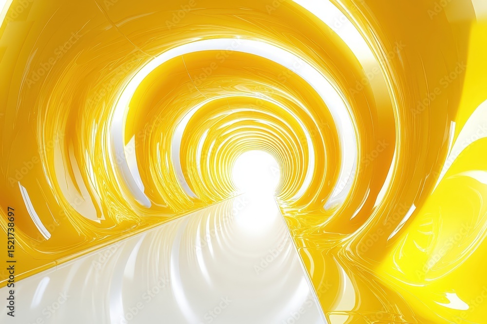 Poster bright yellow tunnel leads to glowing light at the end, creating an inviting and surreal atmosphere 