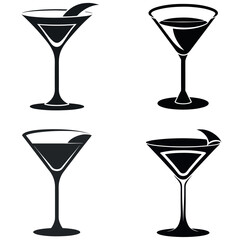 Four Isolated Martini Glasses with Olives, Black and White, Simple Design