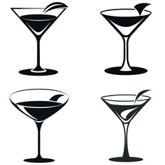 Four Minimalist Black and White Martini Glasses with Leaf Garnish Illustration
