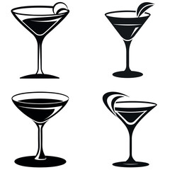 Four Silhouette Martini Glasses with Garnish, Minimalist Black and White Cocktail Art Prints