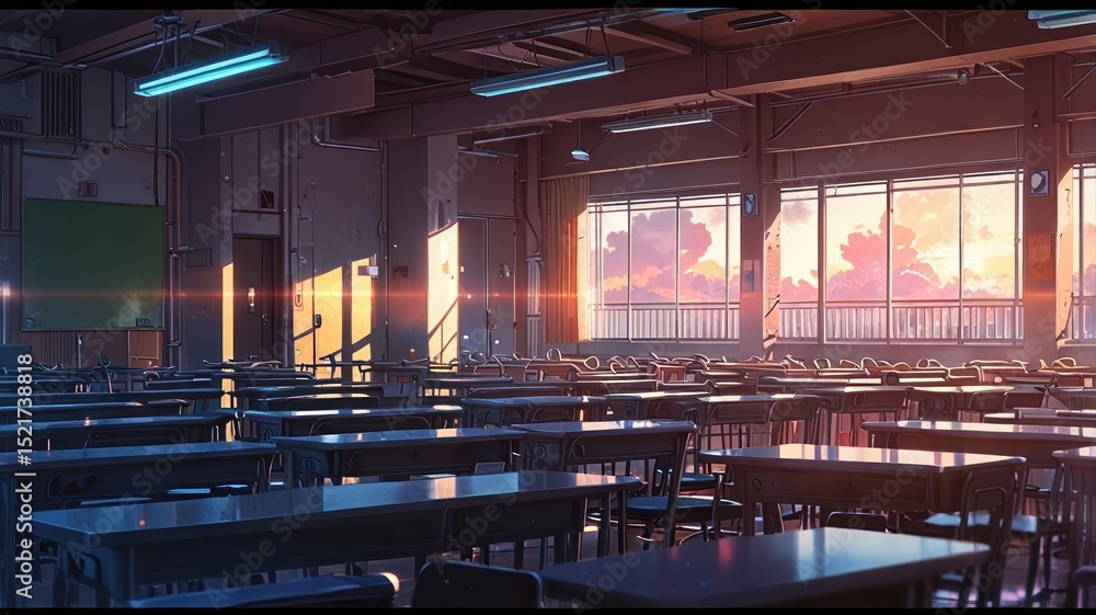 Poster quiet classroom at sunset with warm light illuminating empty desks and chairs