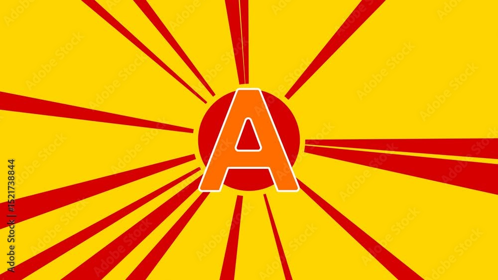 Poster capital letter a symbol on the background of animation from moving rays of the sun. large orange sym