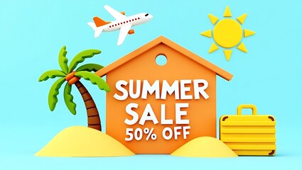 Obraz premium Summer sale announcement with discounted offers featuring tropical vacation elements and airplane