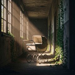 An antique baby stroller in a beam of light in an abandoned building.