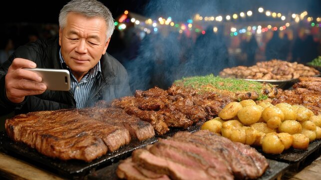 Man Capturing Street Food BBQ with Smartphone at Night Market Festival - Powered by Adobe