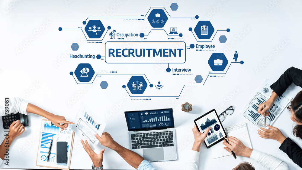 Poster a dynamic team collaborates in a modern workspace to streamline recruitment strategies, using techno