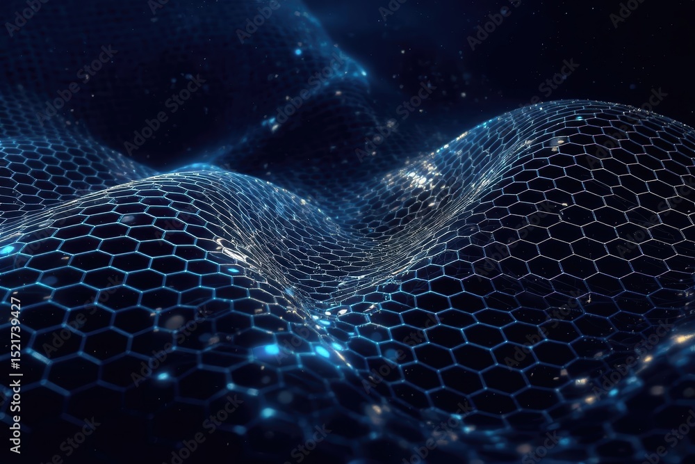 Poster Abstract Blue Hexagonal Pattern Creating a Flowing Wave Effect in a Dark Space Environment