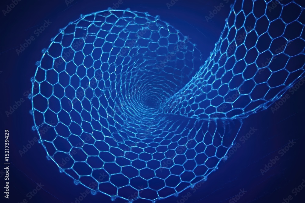 Fototapete blue hexagonal lattice structure swirling into a three-dimensional tunnel design