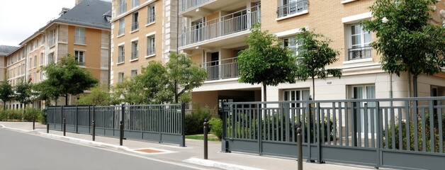Fototapeta premium Steel gate stands closed at a Paris home, providing privacy and security amidst green trees along the street