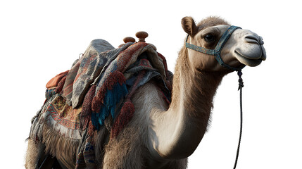 Elegant camel adorned with rich tapestry on transparent background