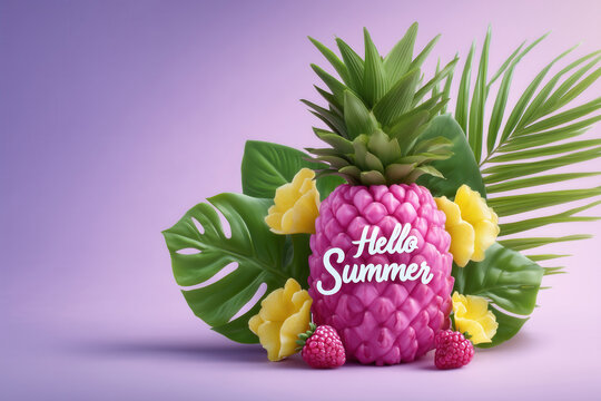 Colorful tropical flat lay featuring pineapples and foliage with Hello Summer text providing ample copy space - Powered by Adobe