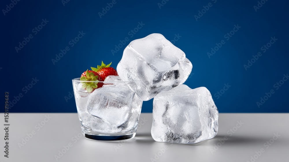Poster three ice cubes sit on a table next to a glass with a strawberry in it. concept of coolness and refr