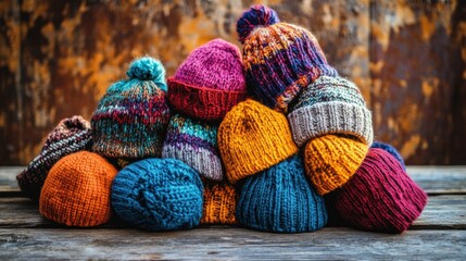 A colorful collection of knitted winter hats resting on a wooden surface.